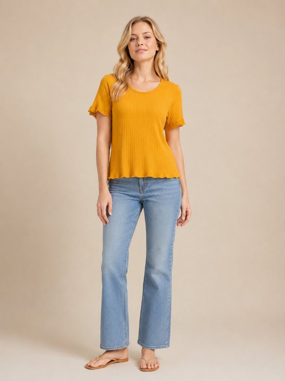 2/$30 ALYA Crochet Short Sleeve Rib-knit Tee Mustard Small #A0335 TRB2